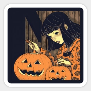 Halloween Girl looking at Pumpkin Sticker